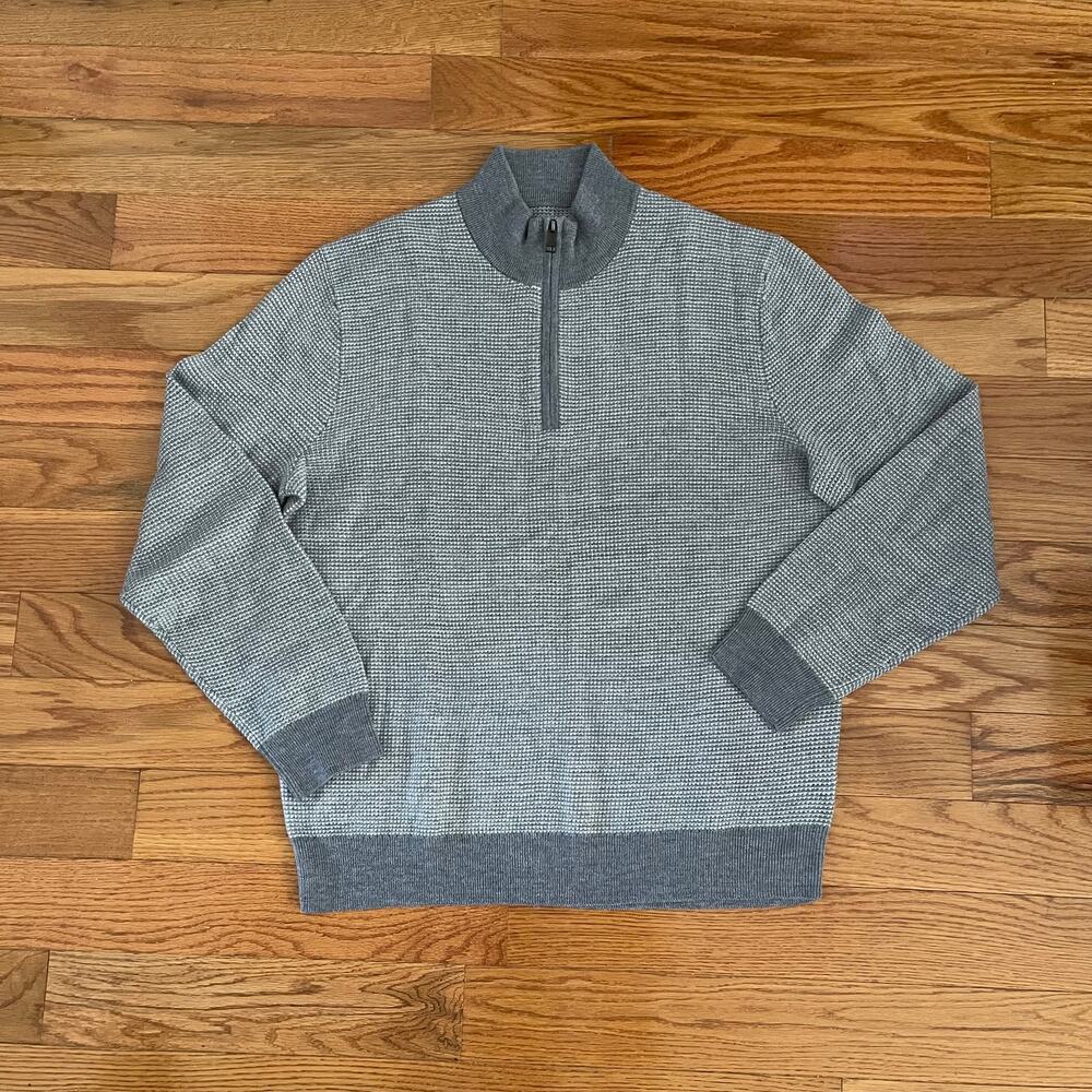 UNTUCKit Marvall Merino Wool Sweater Mens L Gray Waffle Textured Quarter Zip